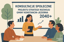 Ilustracja przedstawia cztery osoby siedzące przy stole i rozmawiające, a w tle znajduje się tablica z napisem „Konsultacje społeczne projektu Strategii Rozwoju Gminy Konstancin-Jeziorna 2040+”.