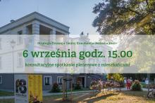 budynek domu kultury, napis na zielono 6 września godz. 15.00 spotkanie plenerowe z mieszkańcami