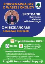 Grafika informacyjna zapraszająca mieszkańców sołectw i osiedli na cykl spotkań z burmistrzem Michałem Wiśniewskim, dotyczących inwestycji, planów i potrzeb lokalnej społeczności.