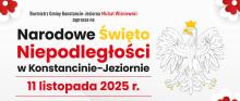 Plakat informuje o obchodach Narodowego Święta Niepodległości w Konstancinie-Jeziornie 11 listopada 2025 roku, zorganizowanych przez burmistrza gminy.
