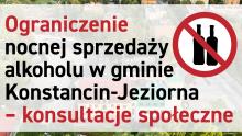 Grafika informacyjna z napisem „Ograniczenie nocnej sprzedaży alkoholu w gminie Konstancin-Jeziorna – wypełnij ankietę” oraz symbolem przekreślonych butelek alkoholu na tle zdjęcia miasta.