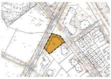 Fragment mapy. Czarną grubą linią, o nieregularnym kształcie zaznaczono granice obszaru objętego miejscowym planem zagospodarowania przestrzennego.