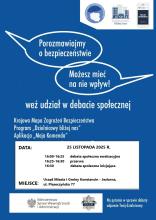 Plakat zapraszający mieszkańców gminy Konstancin-Jeziorna na debatę społeczną na temat bezpieczeństwa, która odbędzie się 25 listopada 2025 r. w Urzędzie Miasta i Gminy.