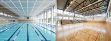 Wizualizacja przedstawiająca nowoczesny basen sportowy z torami pływackimi oraz wielofunkcyjną halę sportową z trybunami i boiskami do gier zespołowych.