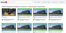 Zrzut ekranu przedstawiający stronę eSesja.tv z listą transmisji i nagrań sesji Rady Miejskiej Konstancin-Jeziorna, widocznych w formie miniatur wideo z datami posiedzeń.