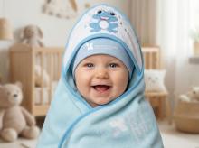 Uśmiechnięte dziecko owinięte w niebieski kocyk