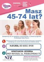 Plakat informujący o bezpłatnej mammografii dla kobiet w wieku 45–74 lat, która odbędzie się 14 stycznia 2026 r. od godz. 9.00 w mammobusie przy ratuszu w Konstancinie-Jeziornie, z danymi do rejestracji telefonicznej i online.