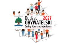 Grafika promująca Budżet Obywatelski 2027 Gminy Konstancin-Jeziorna, przedstawiająca mieszkańców na tle mapy gminy oraz herb i logo inicjatywy.