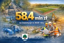 Grafika przedstawia informację o przeznaczeniu 58,4 mln zł na inwestycje w 2026 roku, ilustrowaną zdjęciami prac drogowych, boiska sportowego, infrastruktury wodociągowej oraz robót budowlanych.