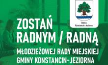 Grafika promująca nabór do Młodzieżowej Rady Miejskiej Gminy Konstancin-Jeziorna, przedstawiająca grupę młodych ludzi obradujących przy stole oraz napis „Zostań radnym/radną”.