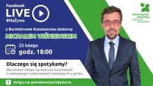 Grafika promująca czat na żywo na Facebooku z burmistrzem Konstancina-Jeziorny Michałem Wiśniewskim, zaplanowany na 12 stycznia o godz. 18.00, z jego wizerunkiem oraz informacją o tematyce spotkania dotyczącej bieżących spraw i inwestycji gminy.