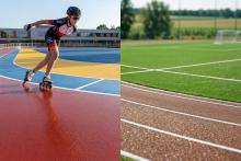 Osoba jadąca na rolkach po kolorowym torze wrotkarskim obok boiska sportowego z bieżnią i murawą.