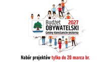Grafika promująca Budżet Obywatelski 2027 Gminy Konstancin-Jeziorna, przedstawiająca mieszkańców na tle mapy gminy oraz herb i logo inicjatywy.
