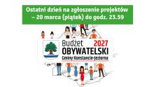 Grafika promująca Budżet Obywatelski 2027 Gminy Konstancin-Jeziorna, przedstawiająca mieszkańców na tle mapy gminy oraz herb i logo inicjatywy.