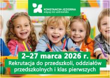 Czworo uśmiechniętych dzieci rysuje przy stoliku, a na grafice widnieje informacja o rekrutacji do przedszkoli i klas pierwszych w Konstancinie-Jeziornie w dniach 2–27 marca 2026 r.