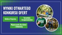 Grafika informuje o wynikach otwartego konkursu ofert w Konstancinie-Jeziornie, przedstawiając główne obszary wsparcia oraz zdjęcia związane z aktywnością społeczną i turystyczną.