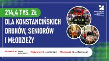 Grafika informuje o pozyskaniu 214,4 tys. zł dla gminy Konstancin-Jeziorna na wsparcie strażaków, seniorów i młodzieży, zilustrowana zdjęciami druhów, osób starszych i młodych mieszkańców.
