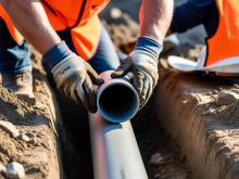 Pracownik budowlany w rękawicach ochronnych montuje rurę kanalizacyjną w wykopie ziemnym.