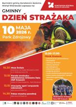 Plakat informujący o Gminnym Dniu Strażaka w Konstancinie-Jeziornie (10 maja 2026 r., Park Zdrojowy) z programem wydarzeń oraz zdjęciem strażaka gaszącego pożar.