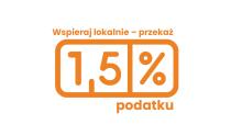 Pomarańczowa grafika z hasłem „Wspieraj lokalnie – przekaż 1,5% podatku”, przedstawiająca stylizowany zapis „1,5%” w centralnej części.