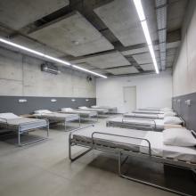 Nowoczesne pomieszczenie schronowe z betonowymi ścianami i oświetleniem LED, w którym ustawiono rzędy metalowych łóżek z materacami i poduszkami.