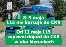 Niebieski autobus linii lokalnej na tle ulicy w Konstancinie-Jeziornie z planszą informującą o zmianach na linii L15 i braku dojazdu do Centrum Kompleksowej Rehabilitacji 