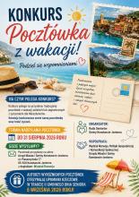 Plakat informacyjny konkursu „Pocztówka z wakacji!”, organizowanego przez Radę Seniorów Gminy Konstancin-Jeziorna we współpracy z Wydziałem Rozwoju Urzędu Miasta i Gminy. Tło plakatu przedstawia piaszczystą plażę z widokiem na morze, kapelusz, okulary przeciwsłoneczne oraz zdjęcia z wakacji. Na środku widnieje wzór pocztówki z odręcznymi życzeniami dla mieszkańców.
