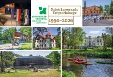 Kolaż zdjęć przedstawiających charakterystyczne miejsca i wydarzenia z Konstancina-Jeziorny z okazji Dnia Samorządu Terytorialnego 1990–2026, m.in. urząd miasta, tężnię solankową, zabytkowe wille, paradę oraz spływ kajakowy rzeką Jeziorką.