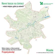 Mapa gminy Konstancin-Jeziorna z zaznaczonymi lokalizacjami obecnych koszy na śmieci oraz zachętą do wskazywania miejsc, w których powinny pojawić się nowe pojemniki.