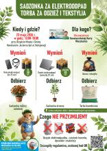 Plakat informujący o akcji ekologicznej „Sadzonka za elektroodpad, torba za odzież i tekstylia”, która odbędzie się 23 maja 2026 r. przy Urzędzie Miasta i Gminy Konstancin-Jeziorna.
