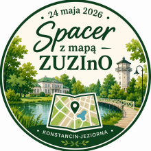 Grafika przedstawia plakat wydarzenia „Spacer z mapą ZUZInO” z ilustracją Parku Zdrojowego w Konstancinie-Jeziornie, mapą oraz zieloną, parkową scenerią.