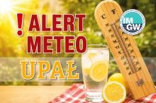 Grafika – na stole stoi szklanka wody z cytryną. Obok termometr, który pokazuje wysoką temperaturę. Nad nimi białą czcionką znajduje się napis: Meteo alert! Upał. 