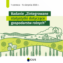 Grafika promująca badanie GUS „Zintegrowane statystyki dotyczące gospodarstw rolnych”, przedstawiająca stylizowany krajobraz rolniczy z polami uprawnymi, maszynami rolniczymi i zabudowaniami gospodarczymi.