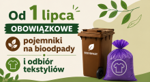 Grafika przedstawia pracowników firmy komunalnej opróżniających pojemnik na odpady do śmieciarki oraz informację o zmianach w regulaminie utrzymania czystości i porządku w gminie Konstancin-Jeziorna od 1 lipca 2026 r.