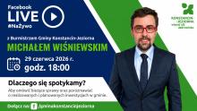 Grafika promująca czat na żywo na Facebooku z burmistrzem Konstancina-Jeziorny Michałem Wiśniewskim, zaplanowany na 29 czerwca o godz. 18.00, z jego wizerunkiem oraz informacją o tematyce spotkania dotyczącej bieżących spraw i inwestycji gminy.