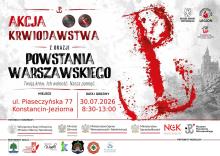Plakat akcji krwiodawstwa z okazji Powstania Warszawskiego. Zbiórka krwi odbędzie się 30 lipca 2026 r. w godz. 8.30–13.00 przy ul. Piaseczyńskiej 77 w Konstancinie-Jeziornie.