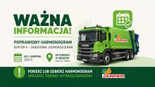 Zielona śmieciarka firmy Jarper marki Scania, stojąca na osiedlowej uliczce podczas odbioru odpadów przez pracownika w pomarańczowym stroju.