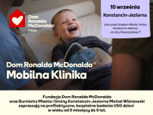 Grafika zapraszająca na bezpłatne profilaktyczne badania USG dzieci w wieku od 9 miesięcy do 6 lat. Badania odbędą się 10 września w Konstancinie-Jeziornie, na placu przed ratuszem przy ul. Piaseczyńskiej 77