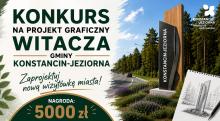 Grafika promująca konkurs na projekt graficzny witacza gminy Konstancin-Jeziorna z nagrodą 5000 zł, przedstawiająca wizualizację nowoczesnego witacza przy drodze oraz hasło zachęcające do zaprojektowania nowej wizytówki miasta.
