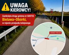Grafika przedstawia komunikat o zamknięciu drogi gminnej nr G00732 między Bielawą a Obórkami w rejonie przejazdu kolejowego, zilustrowany zdjęciem miejsca oraz mapą z zaznaczonym odcinkiem wyłączonym z ruchu.