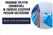 Grafika informująca o programie bezpłatnych szczepień przeciw krztuścowi. Obok tekstu widoczne jest zdjęcie podawania szczepionki w ramię