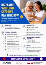 Plakat informuje o bezpłatnych szkoleniach cyfrowych dla seniorów powyżej 60. roku życia, które odbędą się 3 i 19 sierpnia 2026 r. w Urzędzie Miasta i Gminy Konstancin-Jeziorna i obejmą m.in. naukę korzystania z internetu, poczty elektronicznej, IKP oraz aplikacji mObywatel.