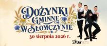 Baner promujący Dożynki Gminne w Słomczynie, które odbędą się 30 sierpnia 2026 r., ozdobiony motywami kłosów i polnych kwiatów oraz zdjęciem zespołu Playboys.