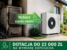 Grafika przedstawiająca wymianę starego pieca węglowego na pompę ciepła. Informuje o możliwości uzyskania dotacji do 22 tys. zł na wymianę „kopciucha”