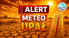 Grafika z napisem „Alert meteo – upał” na tle spękanej, wysuszonej ziemi i intensywnie świecącego słońca. Po prawej stronie termometr wskazujący blisko 40°C, a u góry logo IMGW