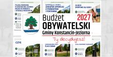 Grafika promuje Budżet Obywatelski Gminy Konstancin-Jeziorna 2027 i przedstawia przykładowe projekty wybrane do głosowania oraz hasło „Ty decydujesz!”.