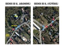 Grafika przedstawia dwa zdjęcia lotnicze z oznaczeniami dotyczącymi czasowej organizacji ruchu na ul. Wiślanej w Słomczynie. Po lewej zaznaczono odcinek od ul. Jabłoniowej, z lokalizacją kościoła, Domu Sołeckiego i terenu dożynkowego oraz znakami zakazu ruchu. Po prawej pokazano odcinek od ul. Łyczyńskiej, z oznaczeniami znaków zakazu ruchu, nakazu jazdy oraz zmian organizacji ruchu na skrzyżowaniu.