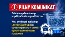Grafika informująca o warunkowej przydatności do spożycia wody z wodociągu Literatów (SUW Grapa) po dwuminutowym przegotowaniu.