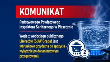 Grafika z komunikatem Państwowego Powiatowego Inspektora Sanitarnego w Piasecznie. Woda z wodociągu publicznego Literatów, zasilanego przez SUW Grapa, jest warunkowo przydatna do spożycia – można ją pić wyłącznie po co najmniej dwuminutowym przegotowaniu.