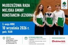 Na grafice promującej 2. sesję Młodzieżowej Rady Miejskiej w Konstancinie-Jeziornie widnieje troje młodych radnych z zielonymi teczkami, a obok umieszczono informacje o terminie, miejscu i porządku obrad zaplanowanych na 10 września 2026 r. o godz. 10.00.
